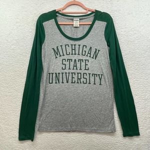 PINK Shirt Womens Medium Green Gray MSU 5th and Ocean Victorias Secret Football